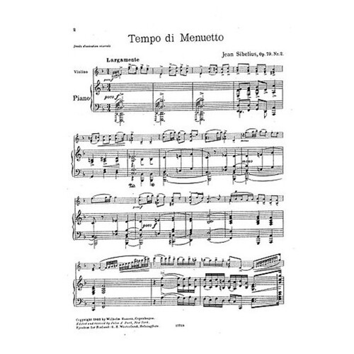Sibelius - 6 Pieces Op 79 No 2 Tempo Di Minuetto Violin/Piano (Softcover Book)